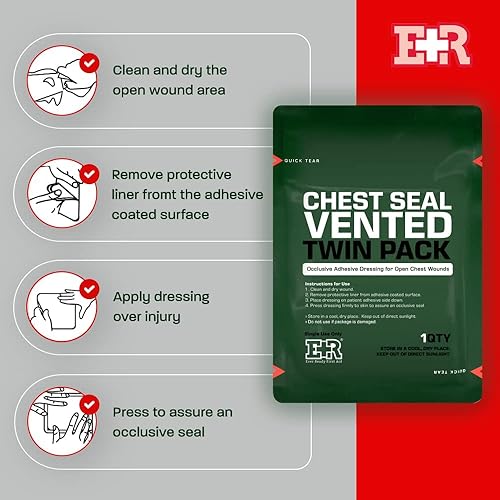 Vista 6 de Ever Ready First Aid Sello de pecho ventilado con desgarro rápido, paquete doble - 6.6 pulgadas cuadrado oclusivo adhesivo apósito para heridas