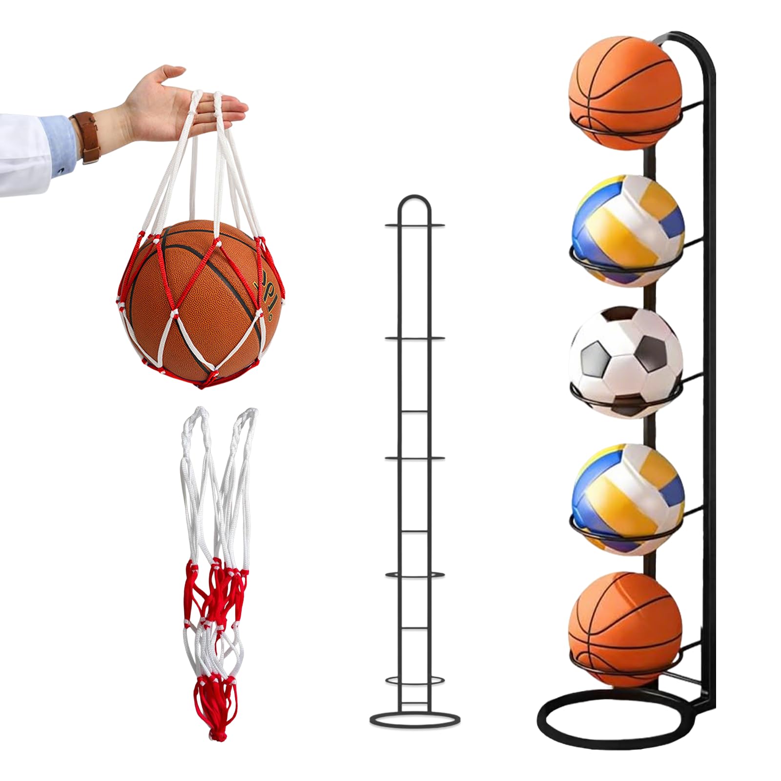 Porta Palloni da Calcio con Borsa a Rete Scaffale Portaoggetti per Palloni Rimovibile a 5 Livelli in Ferro Porta Pallone Pallacanestro per Attrezzature Sportive Basket Pallavolo