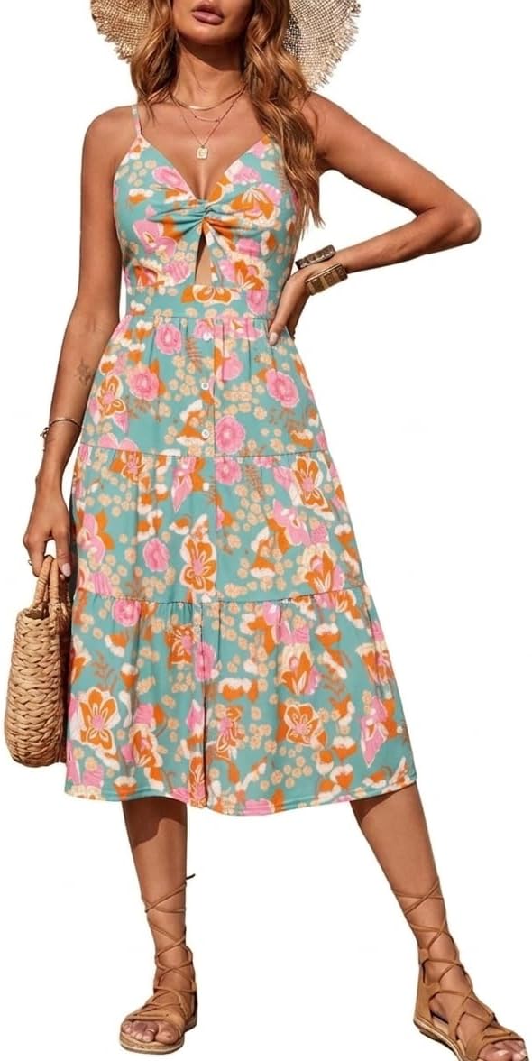 Angashion Women's Dresses-Summer Floral Bohemian Spaghetti Strap Button Down Swing Midi Dress