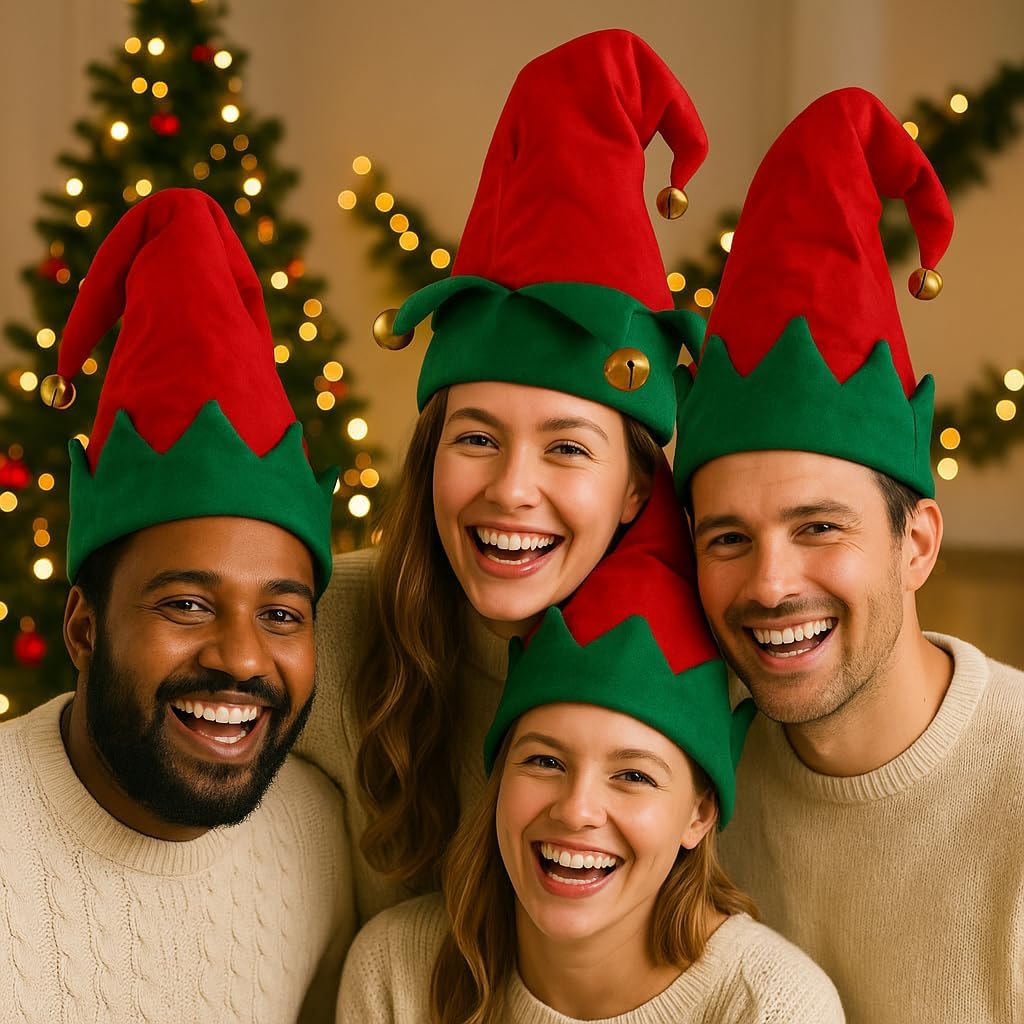 Nicky Bigs Novelties Unisex Adult Red Green Felt Elf Hat with Jingle Bells - Giant Bells On Elf Hats - Ugly Christmas Holiday Costume Accessory - Image 5