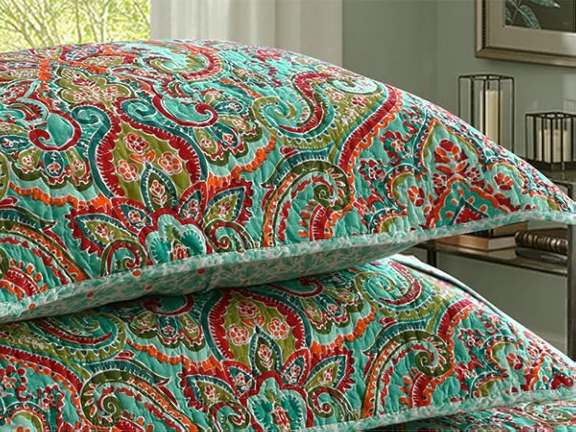 Cotton Reversible Patchwork Quilt Set, Floral Pattern, Queen Size