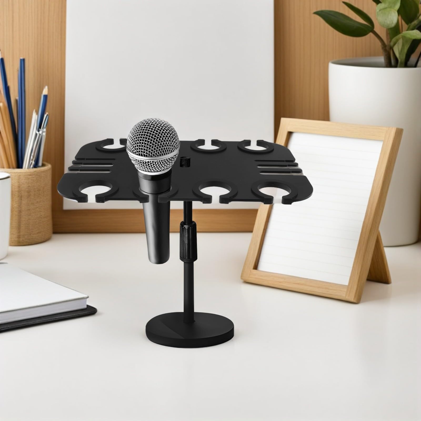 Cabilock Soporte de Pared Almacenamiento Seguro para Micrófono Negro Rectangular con 8 Agujeros, Acero al Carbono y Plástico y Antirrayaduras para Grabaciones y Transmisiones