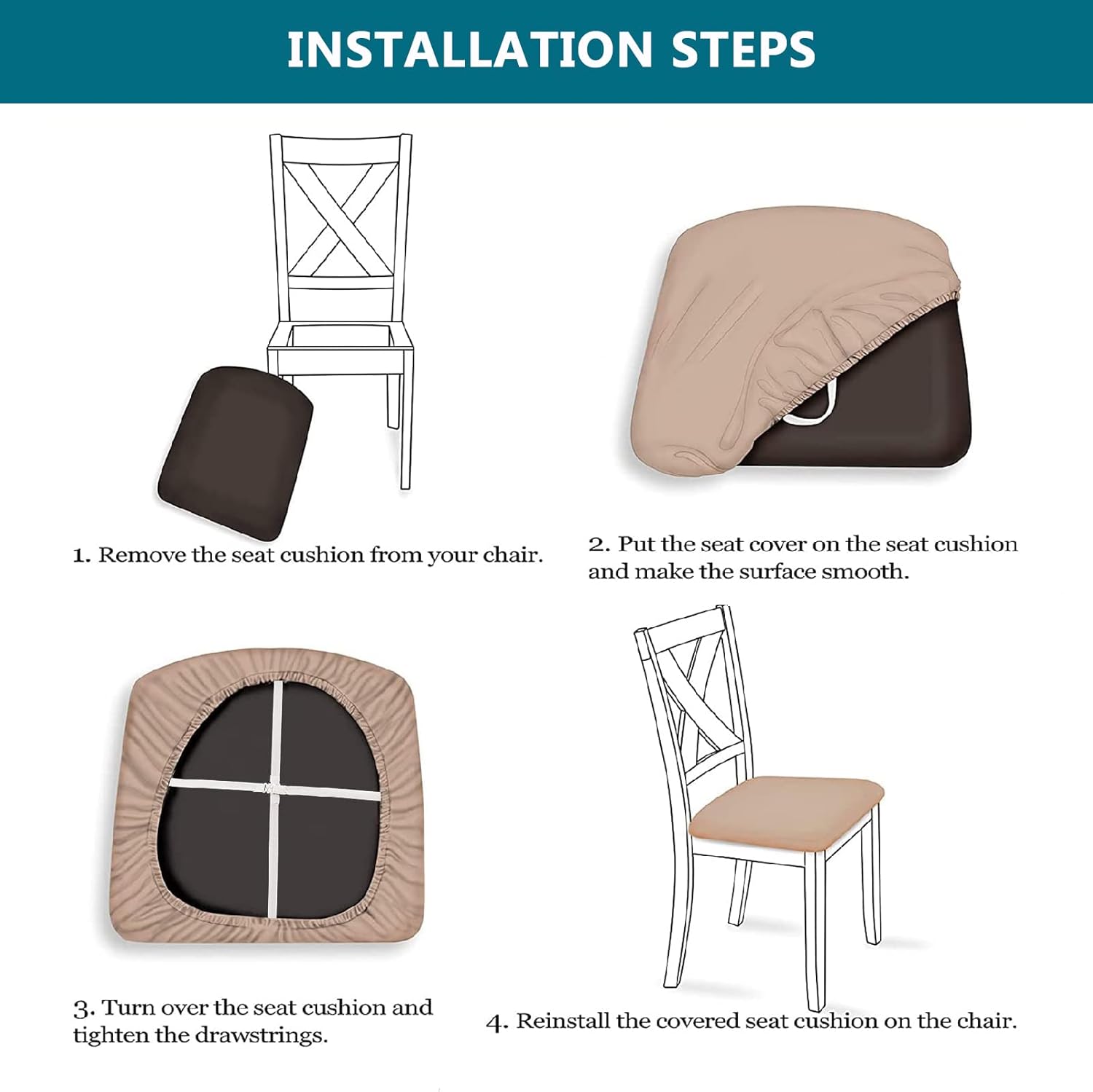 KRFOONN Waterproof Seat Covers for Dining Room Chairs Set of 4 with Dining Bench Cover Jacquard Washable Chair Covers Removable Kitchen Chair Cushion Slipcovers Protector for Dining Room, Beige