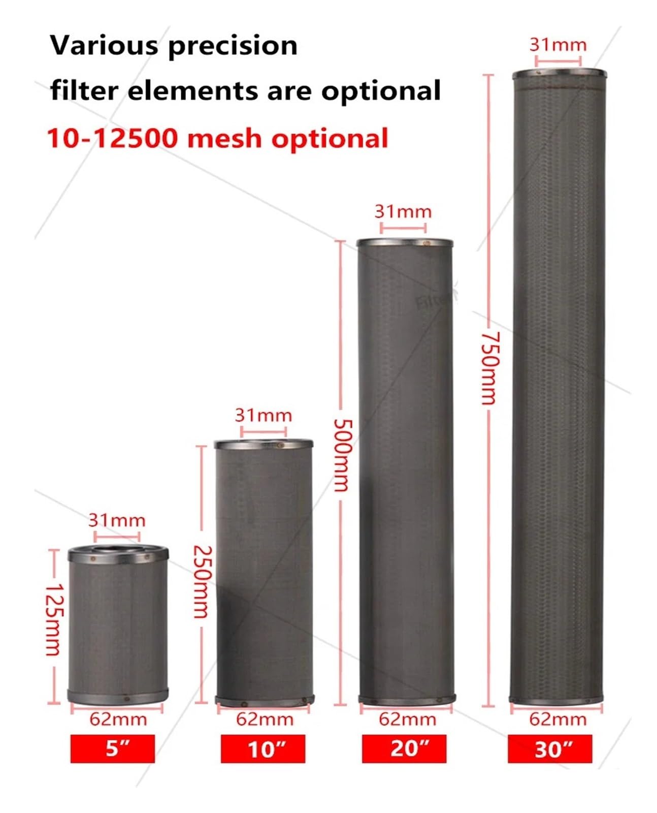 10 * 2.5inch 316Stainless Steel 1um Elemento Filtrante Filtro De Agua Cartucho De Acero Inoxidable Cor Reutilizado(316L-10inch-150um)