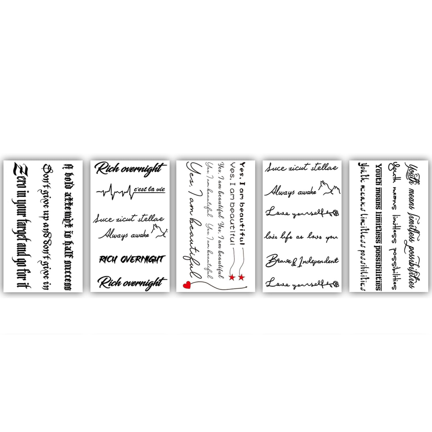 Set of 5 Waterproof Temporary Tattoo Sheets for Men & Women | Inspirational Quotes & Motivational Designs | 10.5X6cm Long-lasting Body Art Stickers | Perfect for Parties, Festivals & Events