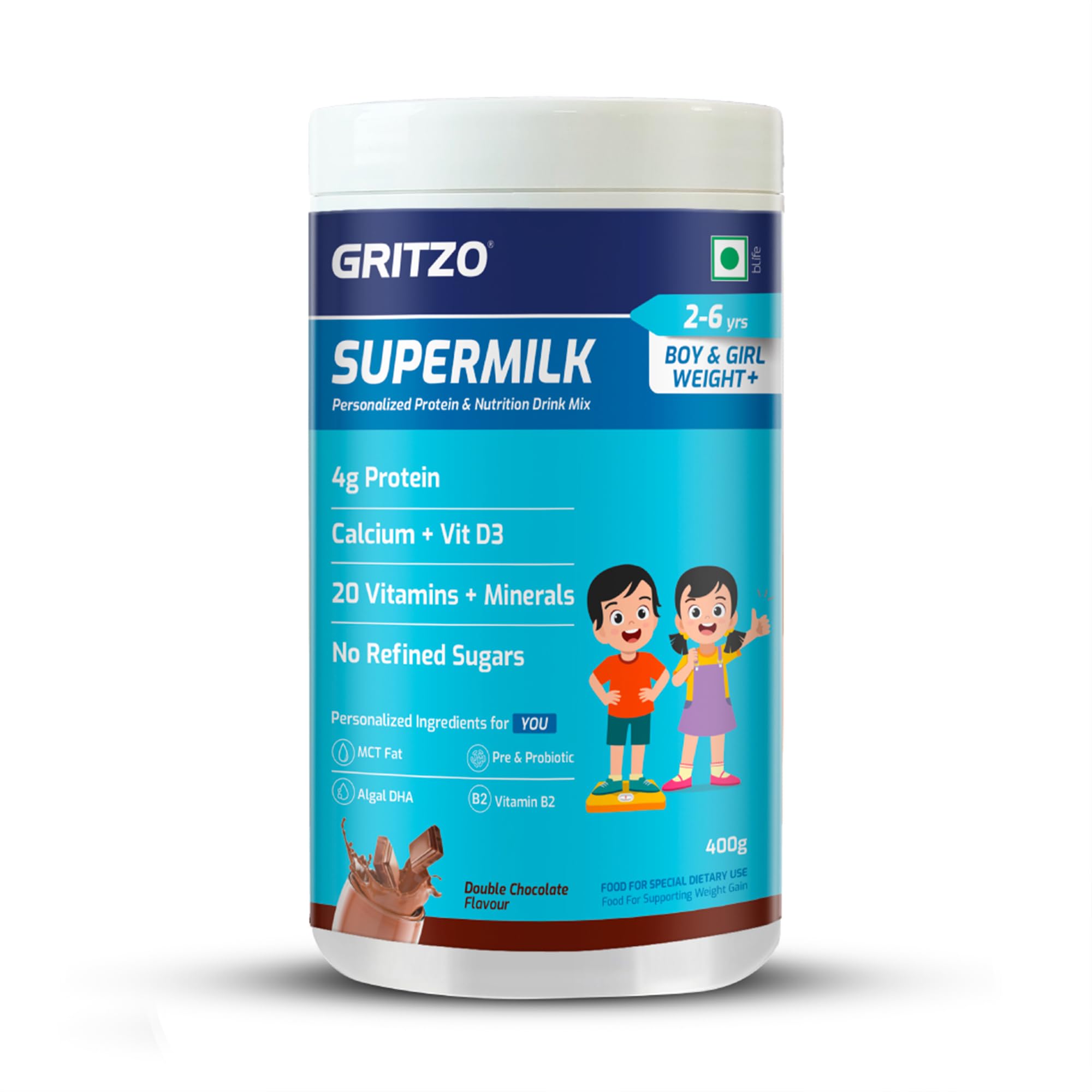 Gritzo SuperMilk Weight+ (2-6y Boy & Girl), 4g Protein Powder (Double Chocolate, 400g) | Zero Refined Sugar, 20 Vitamins & Minerals-image-18