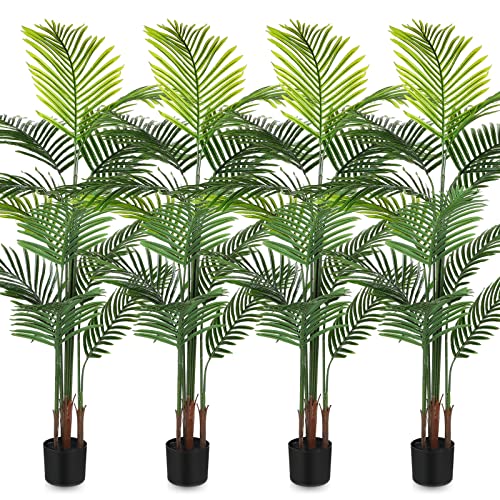 Jexine 4 Pack Artificial Areca Palm Plant Fake Palm Tree, Faux Plant for Home Decor Indoor Outdoor Faux Areca Palm Tree in Pot for Home Office Housewarming Gift Modern Decoration (5 Feet)