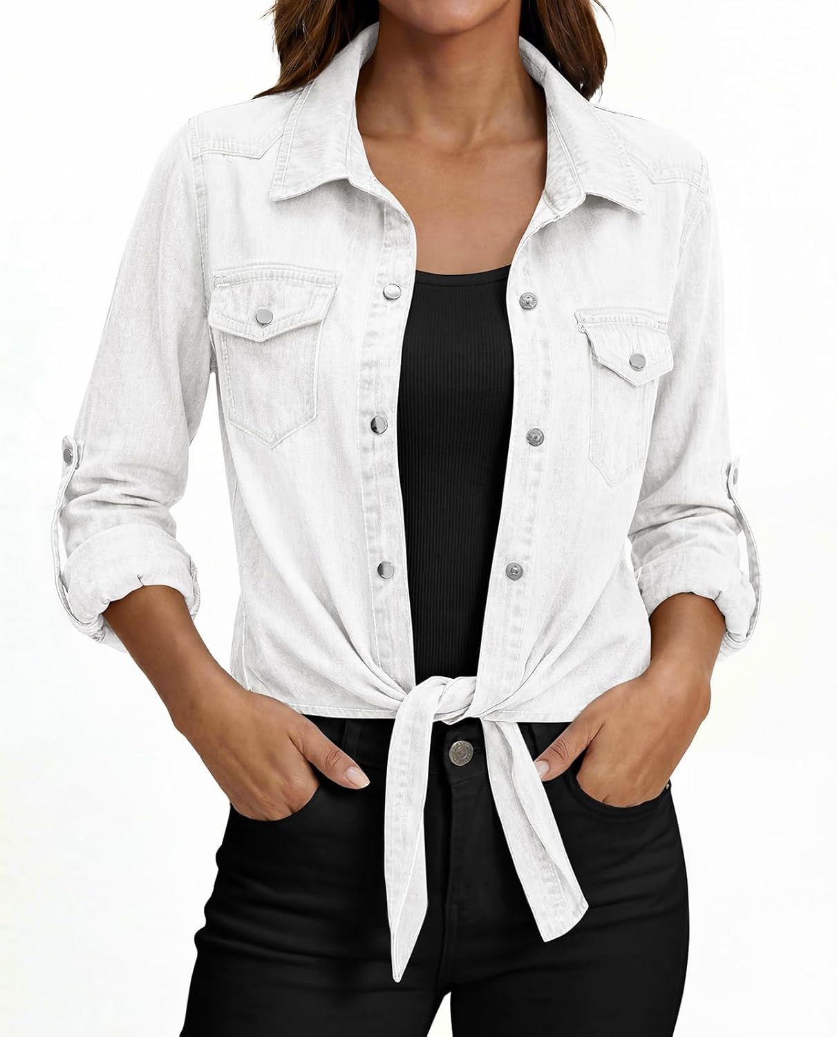 PRETTYGARDEN Womens Denim Shirts Long Sleeve Button Down Shirt Women Tie Knot Front Cardigans Summer Jean Crop Tops Jackets