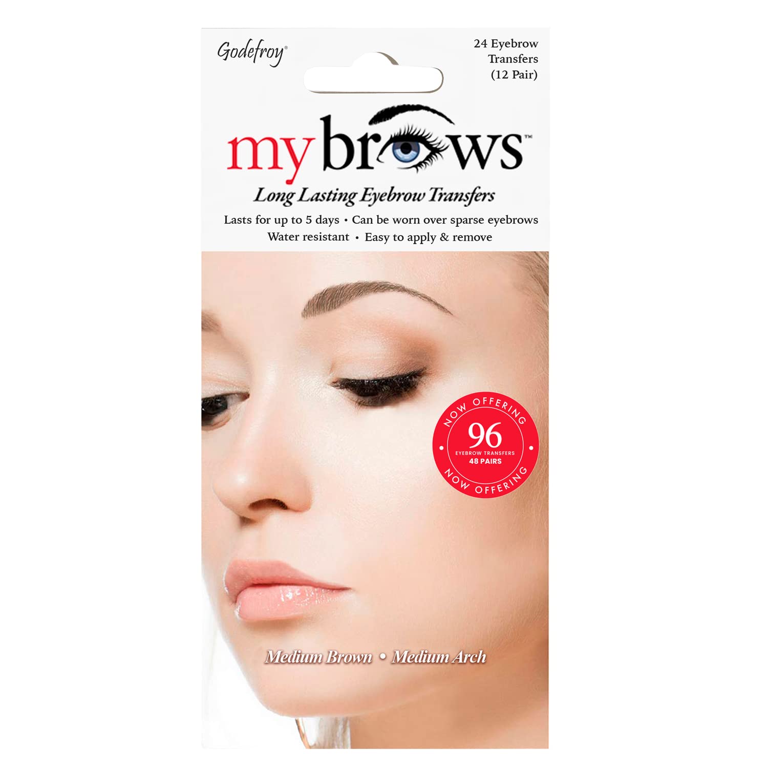 Godefroy MyBrows Long Lasting Eyebrow Transfers, Medium Arch, Medium Brown, 48-Pairs of Brows (96 Individual transfers)