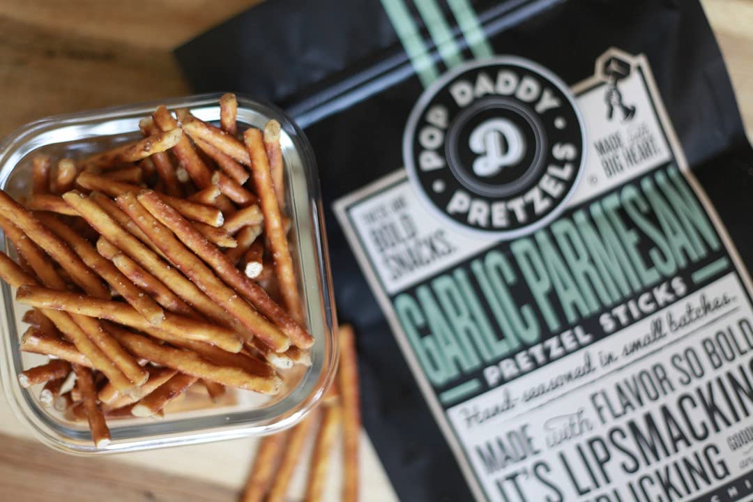 Pop Daddy Flavored Pretzels Sticks, Healthy Gourmet Pretzels Snacks, 7.5oz Individual Bags, 3 Pack, Garlic Parmesan