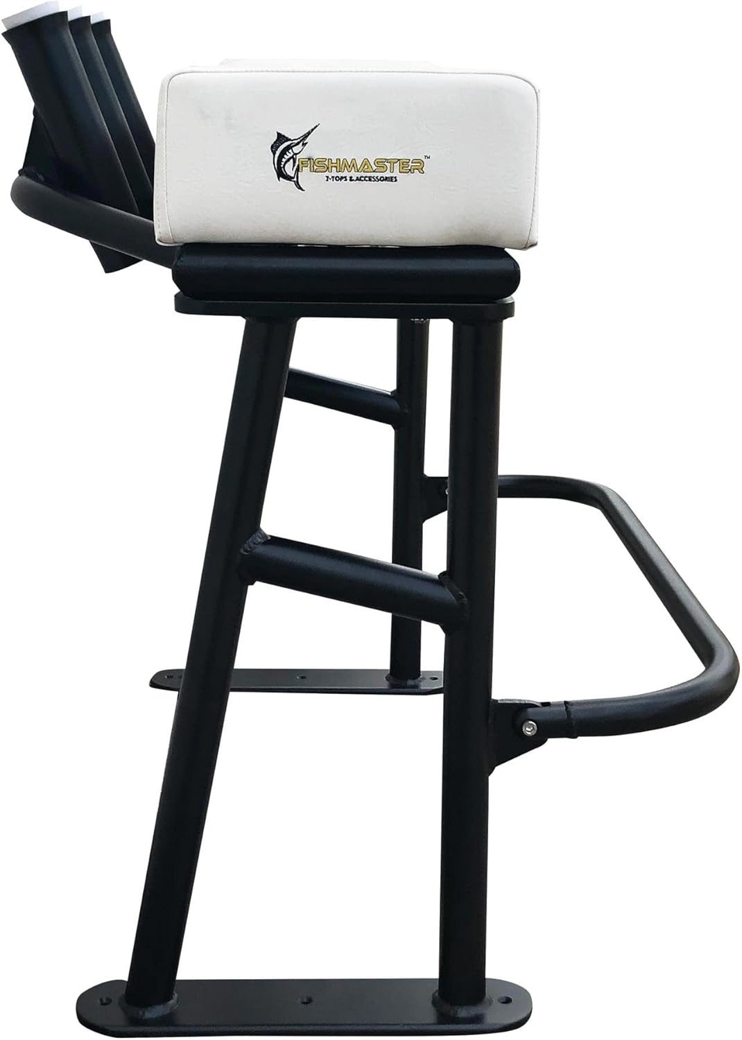 Fishmaster Original Leaning Post for Center Console Fishing Boats – Three Rocket Launcher Rod Holders, Rectractable Footrest, Flow Through Foam – White Upholstery/Black Powder Coat