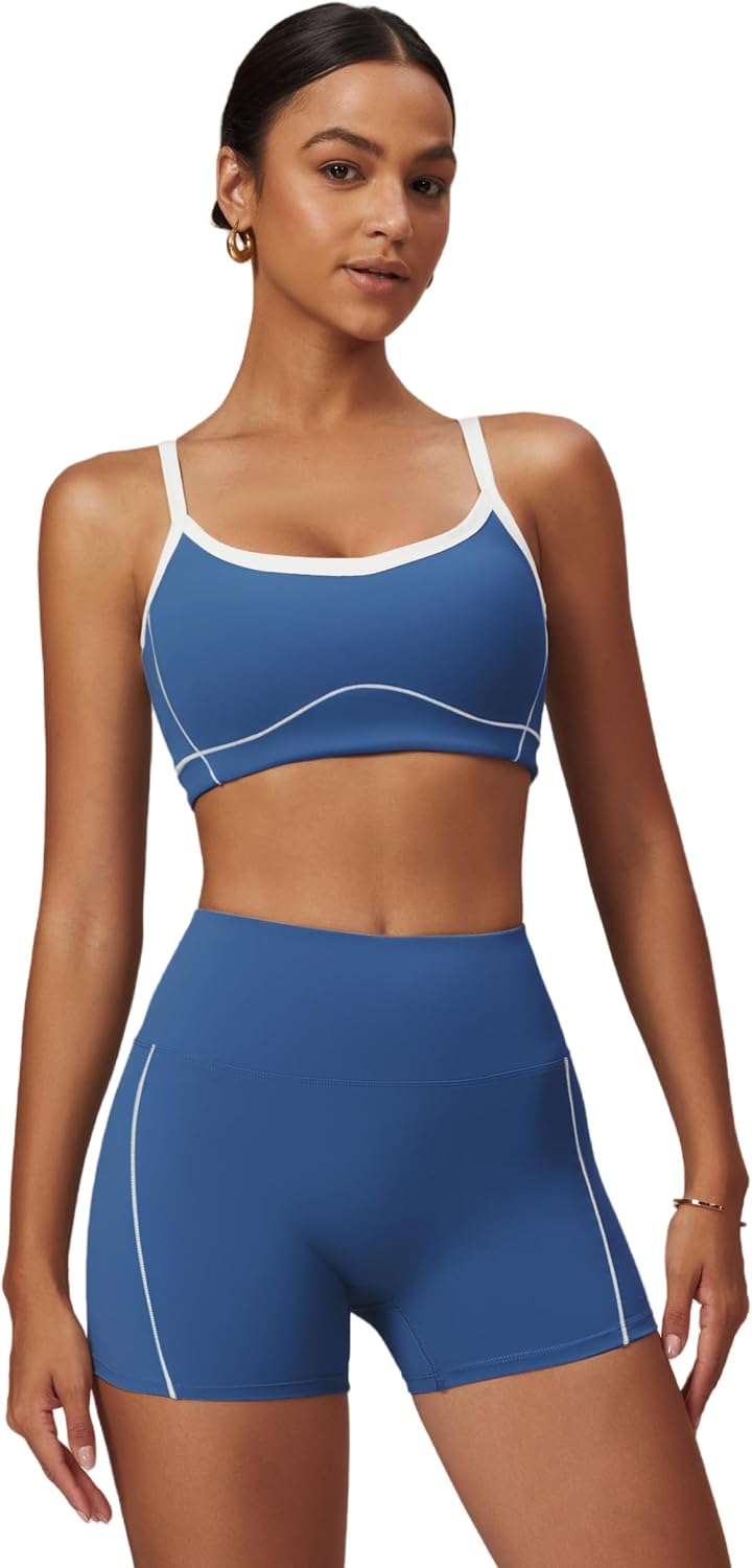ABOCIW Workout Sets for Women 2 Piece Contrast Trim Sports Bra High Wasit Biker Shorts Gym Set