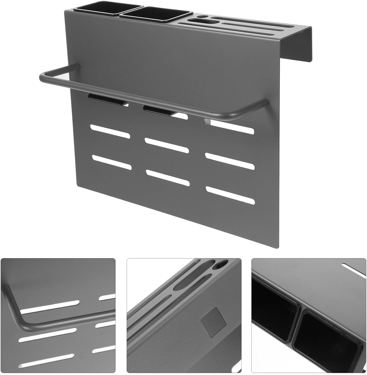 Wall Mount Knife Rack and Utensil Holder with Dual Cup and Rod, Multifunctional Kitchen Storage Organizer for Chopsticks and Cutting Board, Sturdy Gray Kitchen Supply Rack