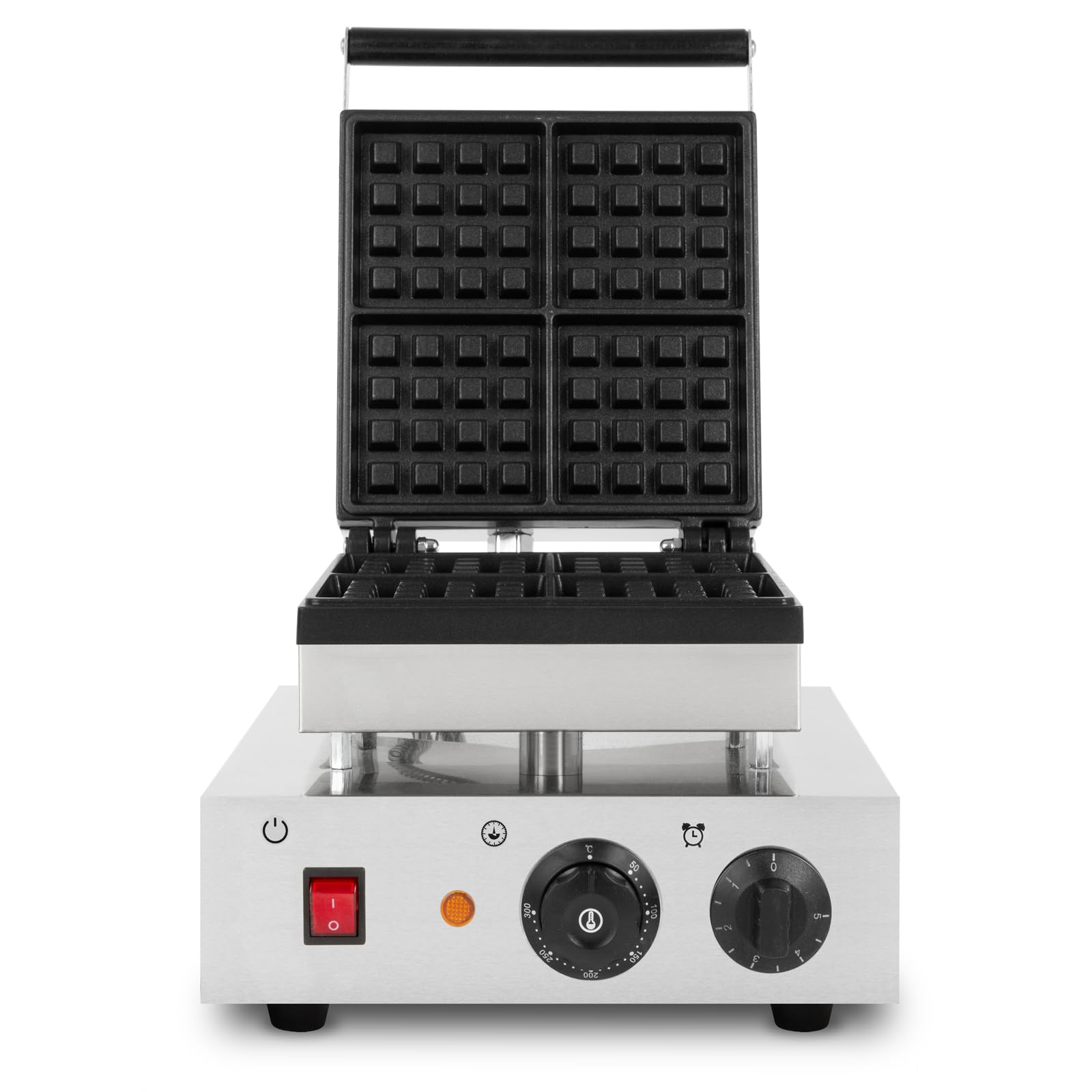 VERTES Máquina para hacer gofres belgas, 4 gofres belgas a la vez, 80 piezas/h, ajustable 0-300°C, temporizador, antiadherente, gofres belgas 1600W, placa de hierro fundido, cuerpo de acero inoxidable