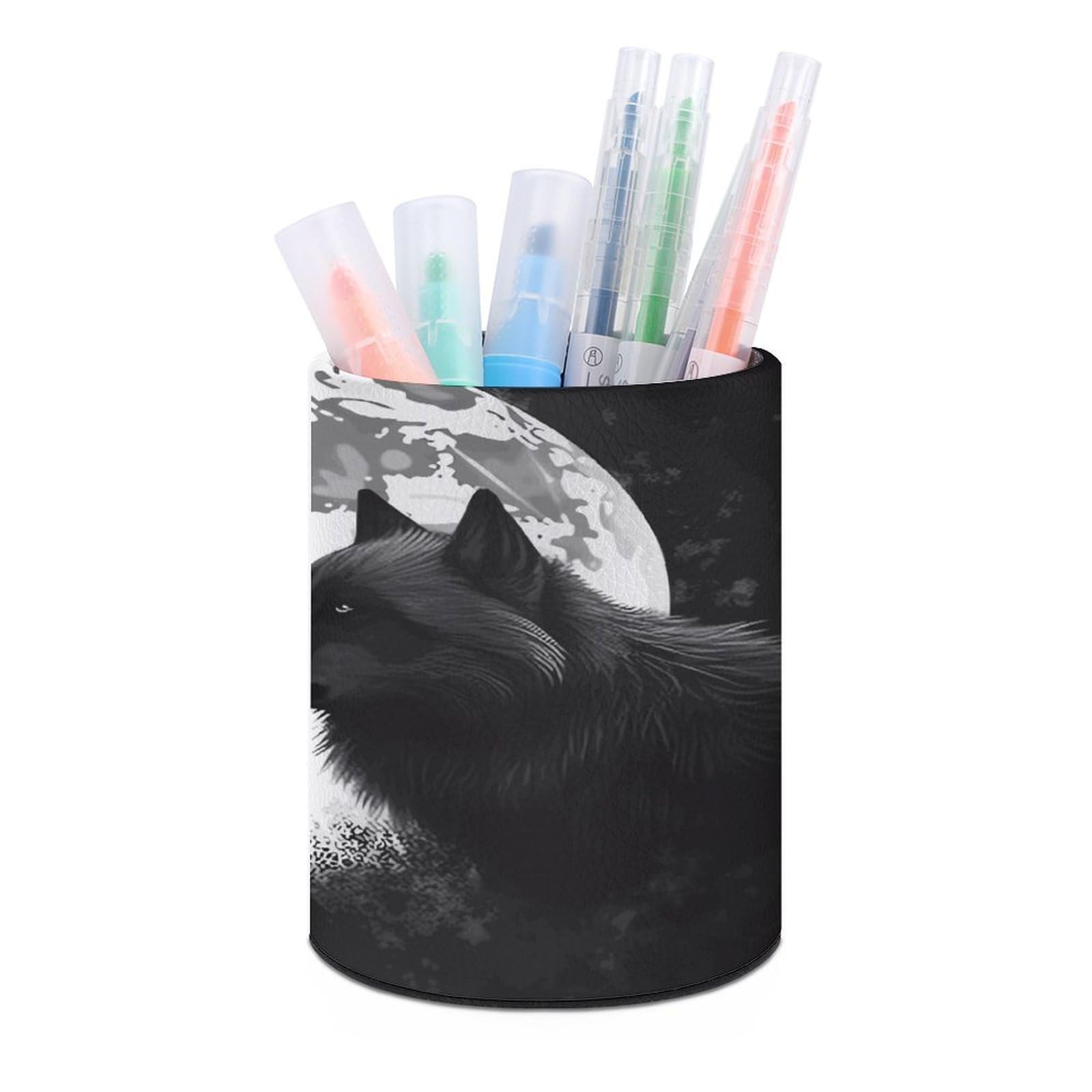 LDGSUPH Wolves Love Under The Moon Wild Animal Round Pen Holder Leather Pen Cup Pencil Cup Pen Organizer Pencil Holder for Desk Organizer Pencil Organizers Makeup Brush Holders for Home Office Gift