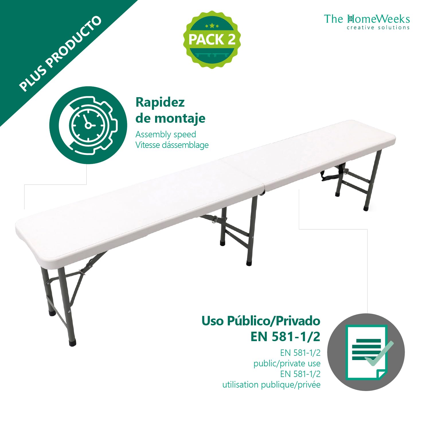 The Homeweeks Pack 2 Bancos Plegables Solid180cm | portátiles | Normativa Uso público Interior/Exterior | EN 581-1/2 | Tablero Resina HDPE 4cm | Estructura Acero | Capacidad 2-3 Personas