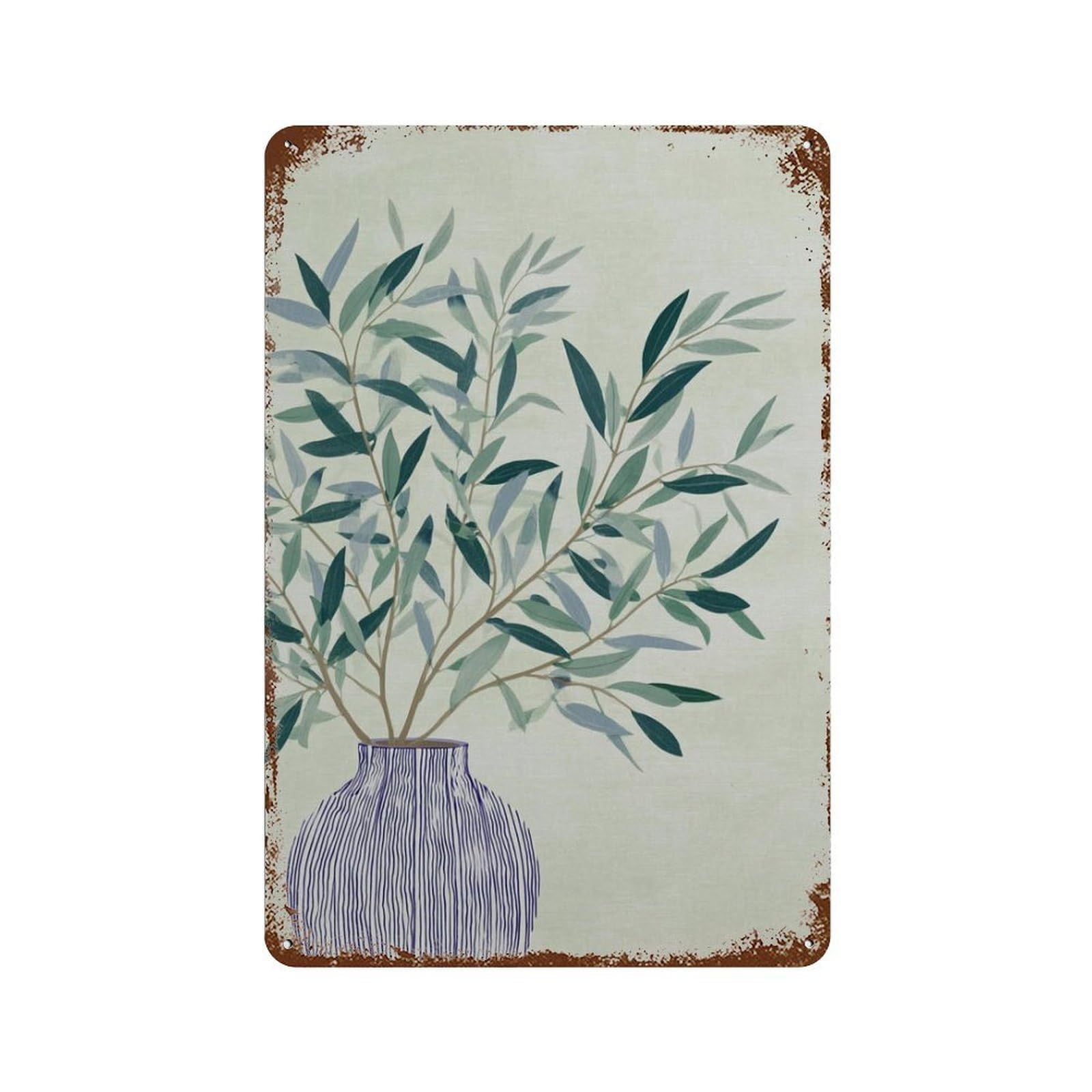 xiaoxiaoshen Botanical Olive Branch Blue Green Mediterranean Vase Modern Nature Wall Decor Art Metal Tin Poster Modern Home Decor Art Home Bar Shop Decorations Vintage Sign 30x20cm