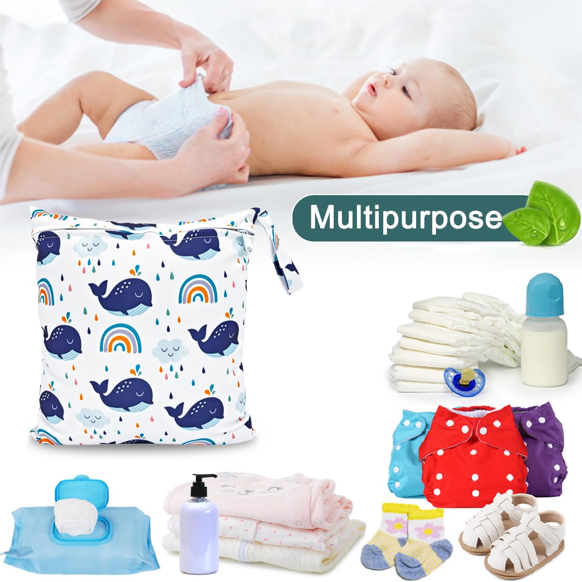 Bolsa de Pañales, 3PCS Bebé Reutilizable Impermeabilizan Bolsa con Cremallera Impermeable para Mamá, Wetbag Portátil Organizador de Viaje, Playa, Gym (Blanco)