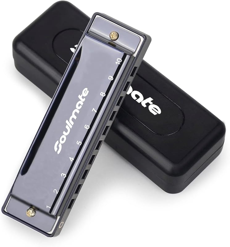 Soulmate Blues Harmonic Mouth Organ 10 Hole 20 Tones C Key with Case Diatonic Harmonica for Beginner, Students, Professional Player, Adult, Friends, Gift Black