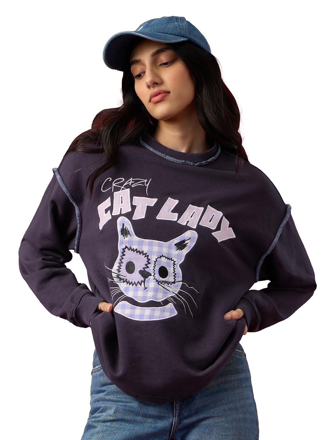 the souled store Cat Lady Women and Girls Full Sleeves Round Neck Dark Gray Embellished Cotton Blend Drop Shoulder Oversized Sweatshirt-picture-34