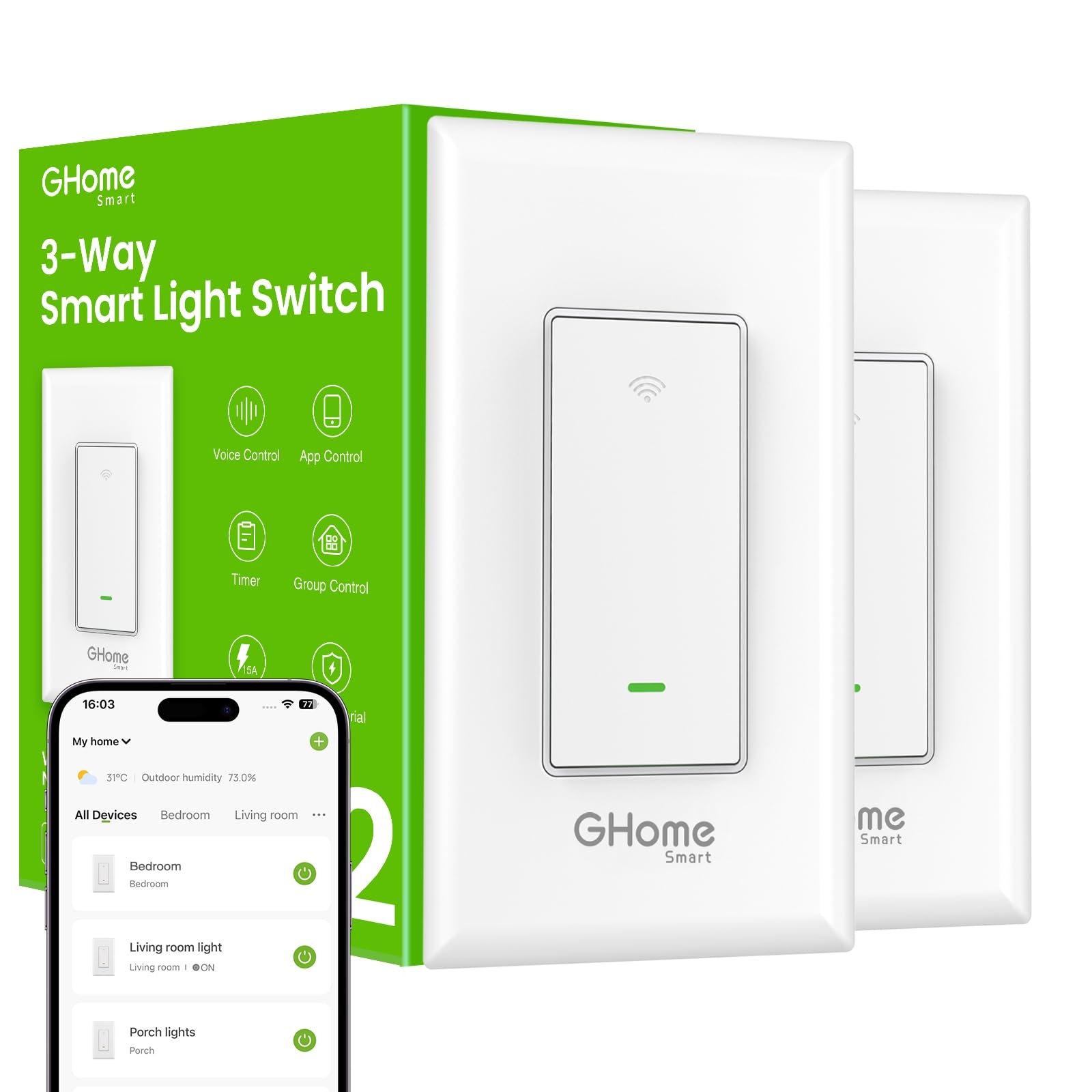 GHome Smart Switch, 3 Way Light Wi-Fi Switch Compatible with Alexa and Google Home, 2.4GHz Schedule Timer, Neutral Wire Required, 3-Way Installation and No Hub Required, FCC Listed (2-Pack), White
