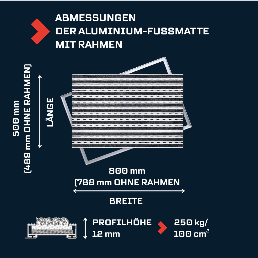 Aluminium Fußmatte für Türen mit Rahmen 80x50 cm, verstärkt 12 mm, Textil, objektgeeignete Eingangsmatte für Innen, trocknend, Rips Anthrazit, rutschfest