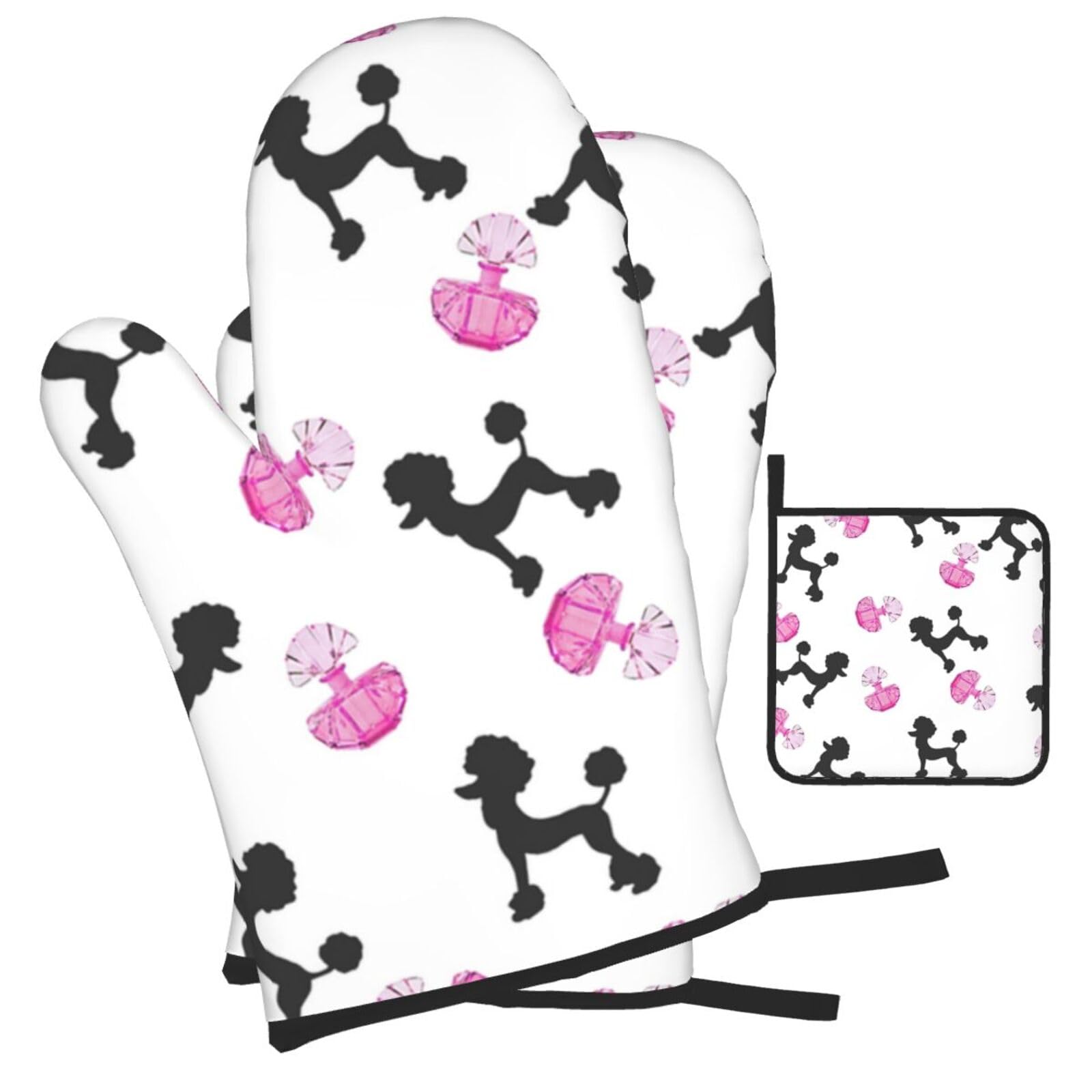 girly pink perfume bottle and poodle Printed Oven Mitts and Pot Holders Heat Resistant Set of 3 Pcs, Modern Kitchen Gloves & Potholders for Cooking Baking Grilling