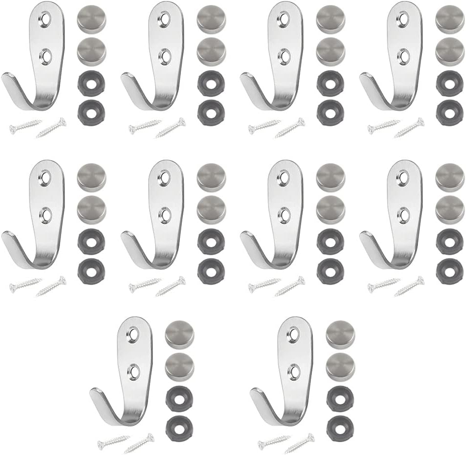 FuashceR 10 Pcs Coat Hooks with 20 Pieces Screws Stainless Steel J Shape Hook Heavy Duty Wall Hook Stainless Steel Wall Hooks for Door in Bedroom Kitchen Bathroom