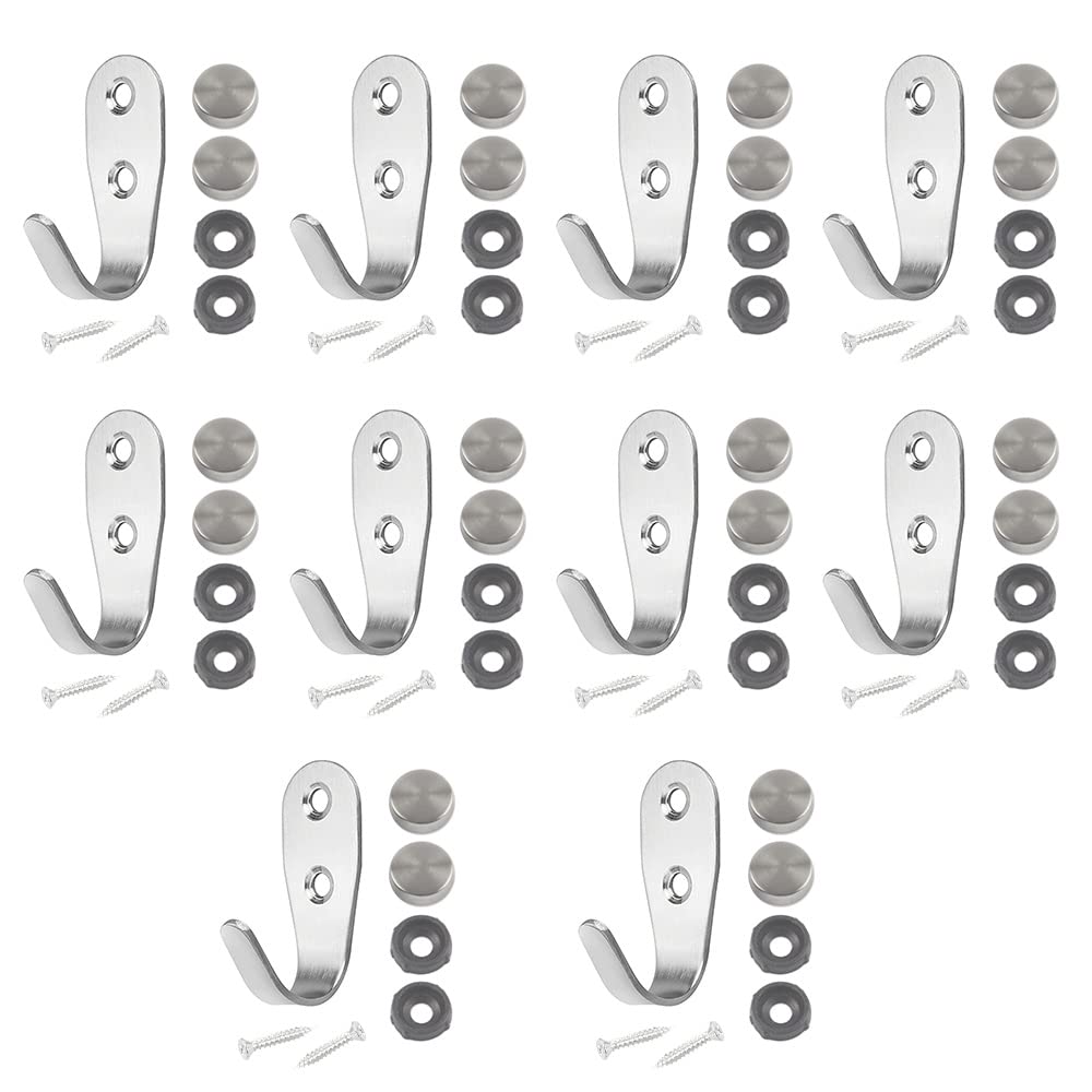 FuashceR 10 Pcs Coat Hooks with 20 Pieces Screws Stainless Steel J Shape Hook Heavy Duty Wall Hook Stainless Steel Wall Hooks for Door in Bedroom Kitchen Bathroom