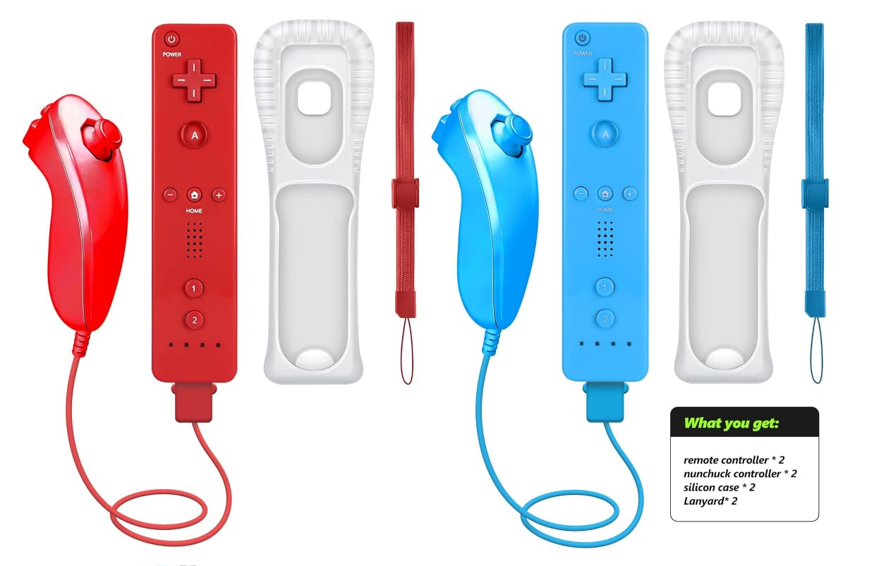 CLVIZCXOM 2 set telecomando Fit per Wii/Wii U con MotionPlus (rosso e blu) | 2 telecomandi + 2 nunchuk + 2 custodie + 2 cinghie, compatibile con console Nintendo