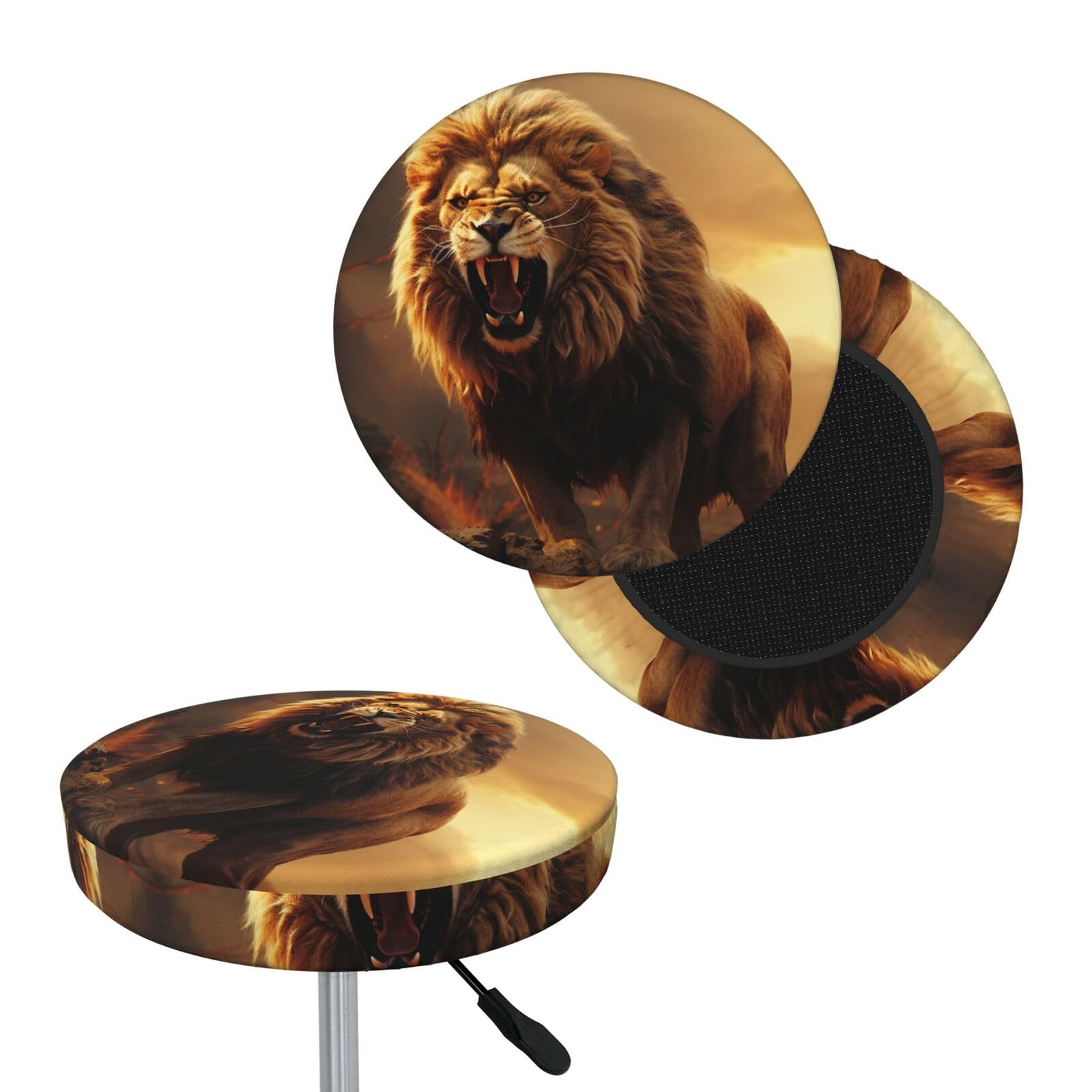FodPand Angry Roaring Lion Bar Stool Cover Round Elastic Stool Cushion Covers Washable Bar Stool Chair Slipcover Stretch Stool Seat Covers for 12-14 Inch Chair