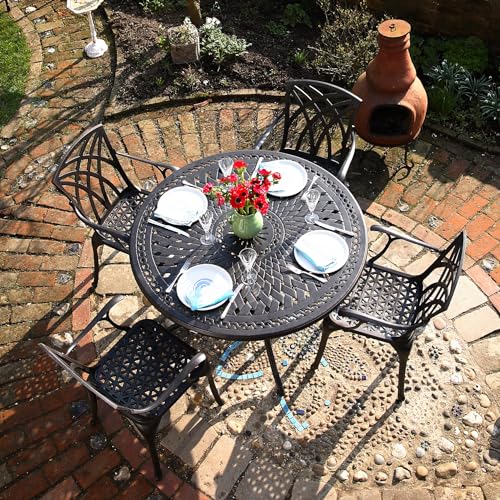Lazy Susan Salon de Jardin: 120 cm Table Alice Ronde en Bronze Ancien avec 4 Chaises April en Aluminium résistant aux intempéries | Facile à Assembler