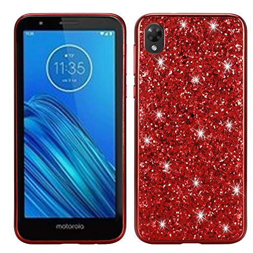 WIWJ Motorola Moto E6 Glitter Case,Soft Silicone Case Glitter Sparkle Sequins Rhinestones Glossy Case Soft Protective Shell Gel TPU Diamond Bumper Back Cover Female Shell -Red