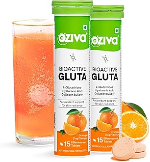 OZivaBioactive Glutathione Tablets for Radiant Skin - 30 Effervescent Tablets (Pack of 2) | L-Glutathione, Lycopene, Vitamin C for Skin Glow & Anti-Pigmentation | Orange