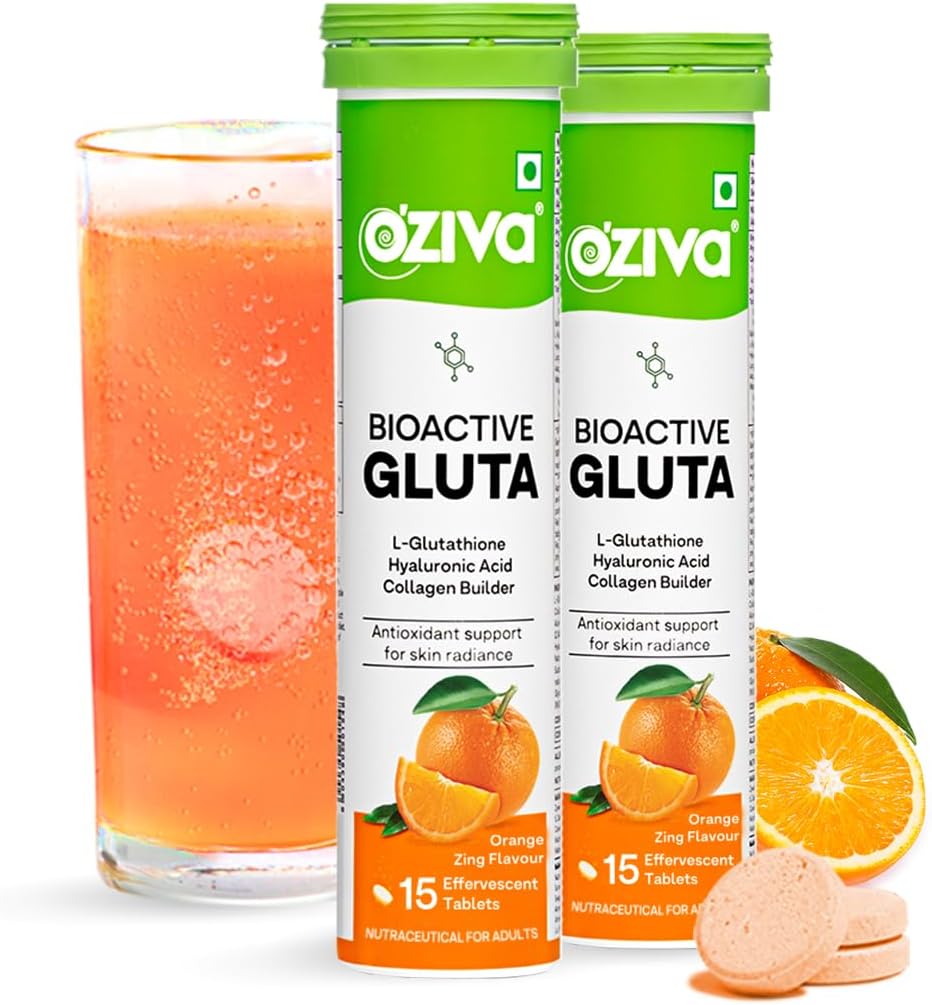 OZivaBioactive Glutathione Tablets for Radiant Skin - 30 Effervescent Tablets (Pack of 2) | L-Glutathione, Lycopene, Vitamin C for Skin Glow & Anti-Pigmentation | Orange