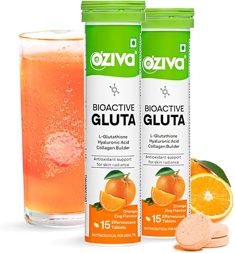 OZiva Bioactive Glutathione Tablets for Radiant Skin - 30 Effervescent Tablets (Pack of 2) | L-Glutathione, Lycopene, Vita...