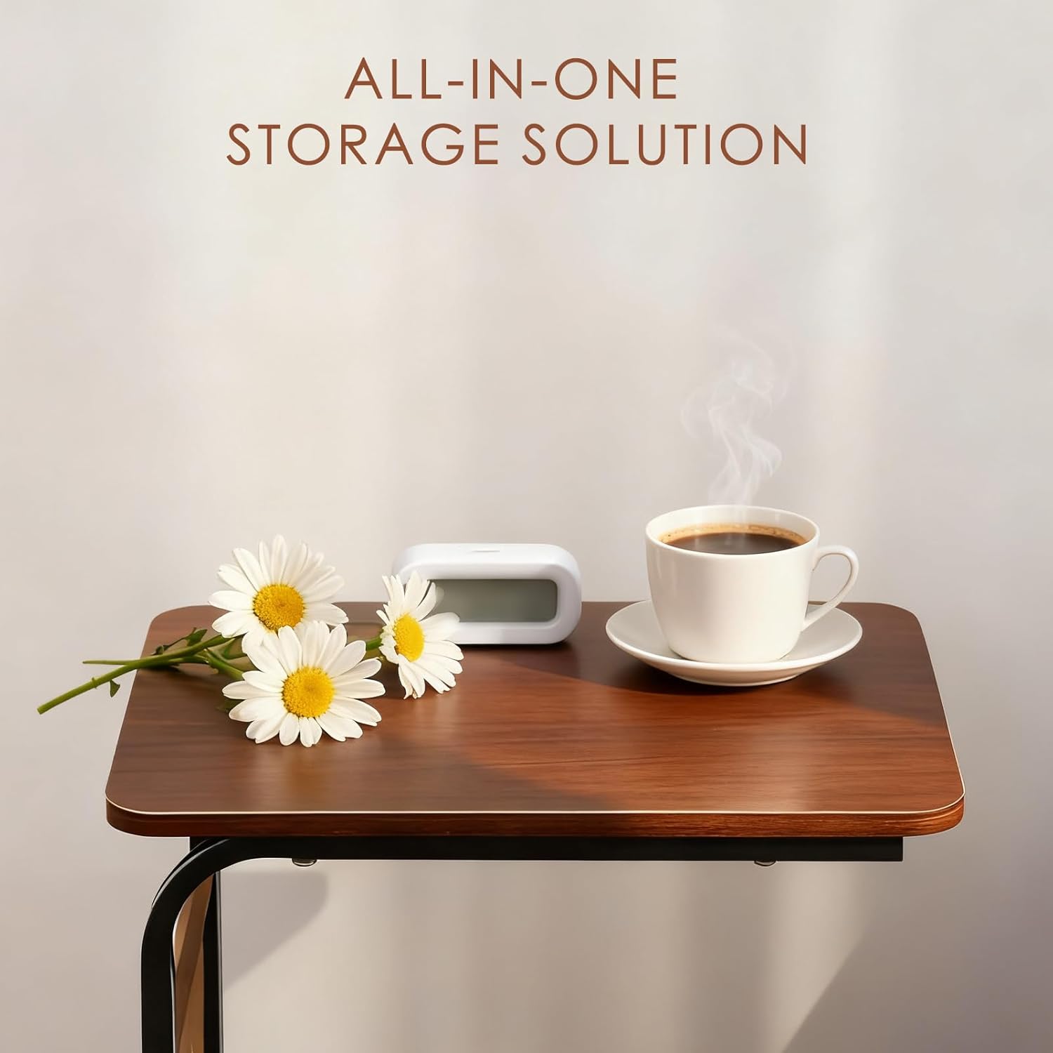 Dreamzie C Shaped End Table with Wheels, Small Side Table for Couch with Storage Bag, Couch Tables That Slide Under, TV Tray for Living Room, Bedroom, Home Office - Brown