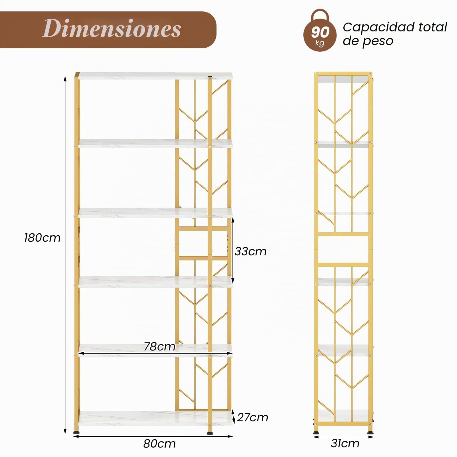 GIANTEX Librería de 6 Niveles con Estructura de Metal y Estantes Abiertos, 80 x 31 x 180 cm, Estantería de Almacenamiento para Salón, Oficina, Estudio (Blanco+Dorado)