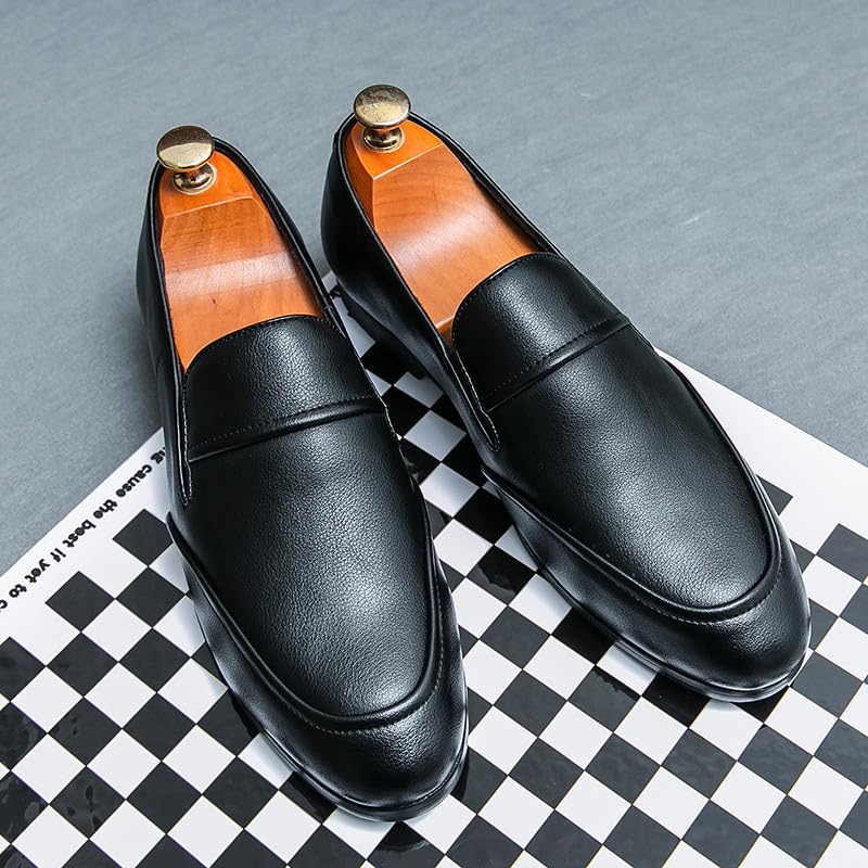 Santimon Men’s Classic Slip-On Leather Loafers Comfortable Elastic Formal Dress Shoes for Business, Weddings, and Casual Wear Black 8.5 US4