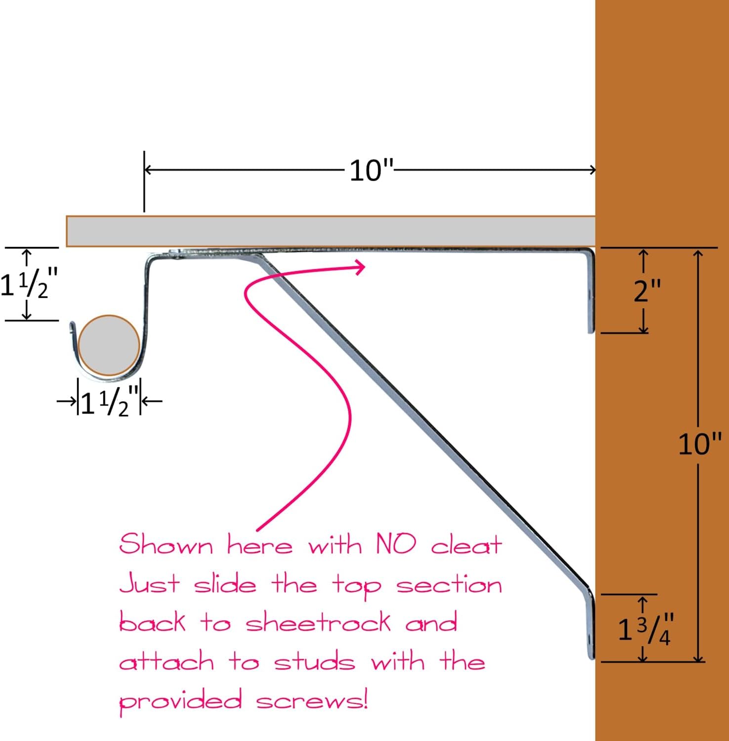 Closet Rod & Shelf Support Bracket | Compensates for ¾” Shelf Cleat | Fits All Round Wardrobe Poles up to 1 ½” | White | 2 Pack