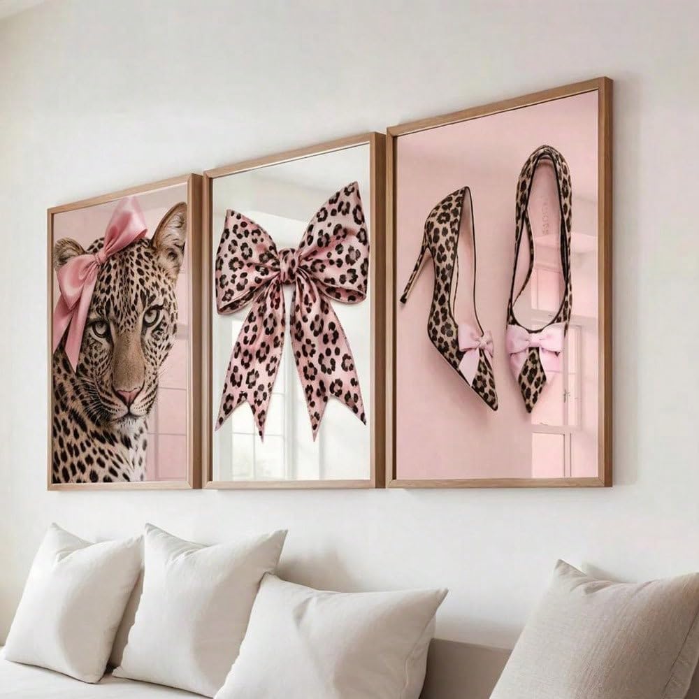 ZBELLO Set of 3 Pink Coquette Wall Art Prints, Leopard Cheetah with Bow, Leopard Bow & High Heels Posters, Trendy Feminine Decor for Teen Girl Bedroom Dorm, Unframed (30x40cm)