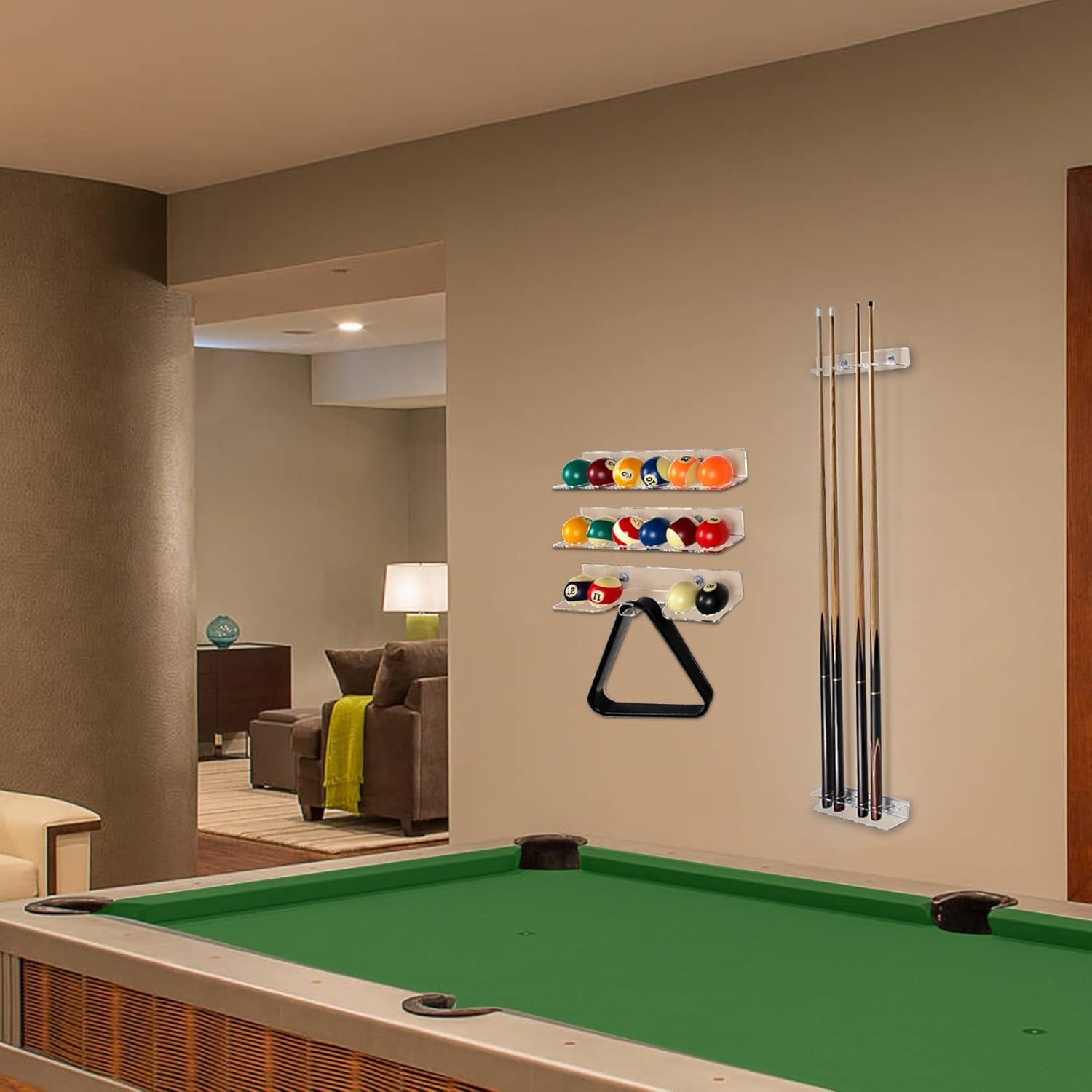 EXPORTIQ Pool Cue & Ball Rack Wall Mount β Acrylic Billiard Storage Holder, Self-Adhesive or Screw Mounted, Space-Saving Game Room Organizer