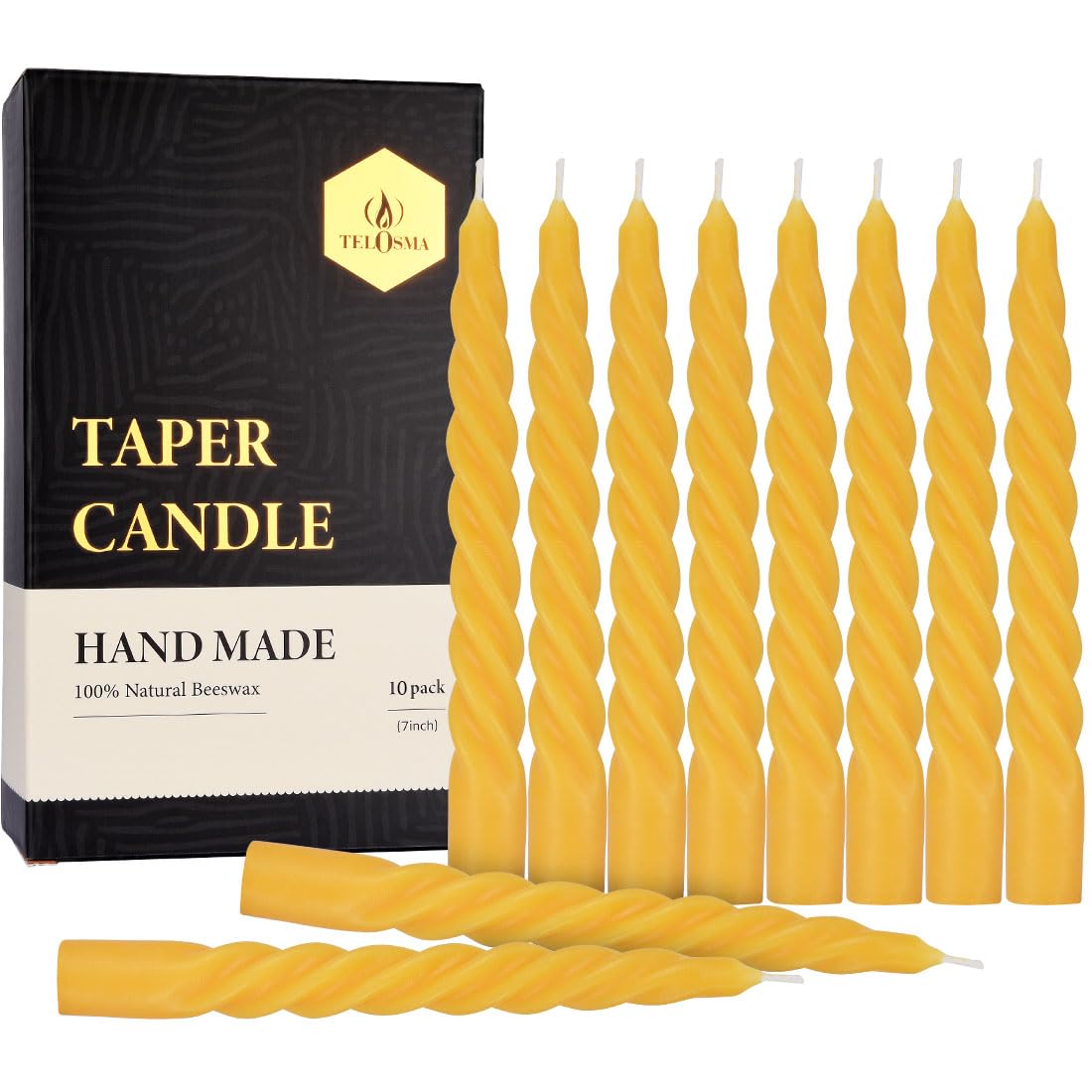 Beeswax Taper Candles Set of 10, Spiral Taper Candle Dripless Short Candle Sticks for Dinner Wedding Party Christmas Home Decorations - 7 Inch Tall - Yellow
