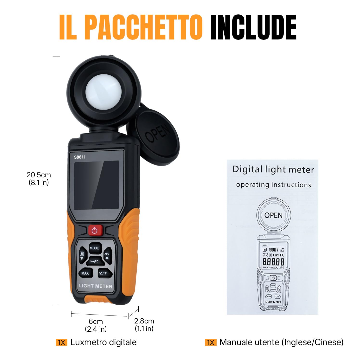 Mcbazel Misuratore di Luce Digitale, Lux/FC 200.000 Misuratore di Illuminazione ad Alta Precisione con Sensore Ruotabile a 270° e Display a Colori HD con Temperatura Ambiente per Piante, Fotografia