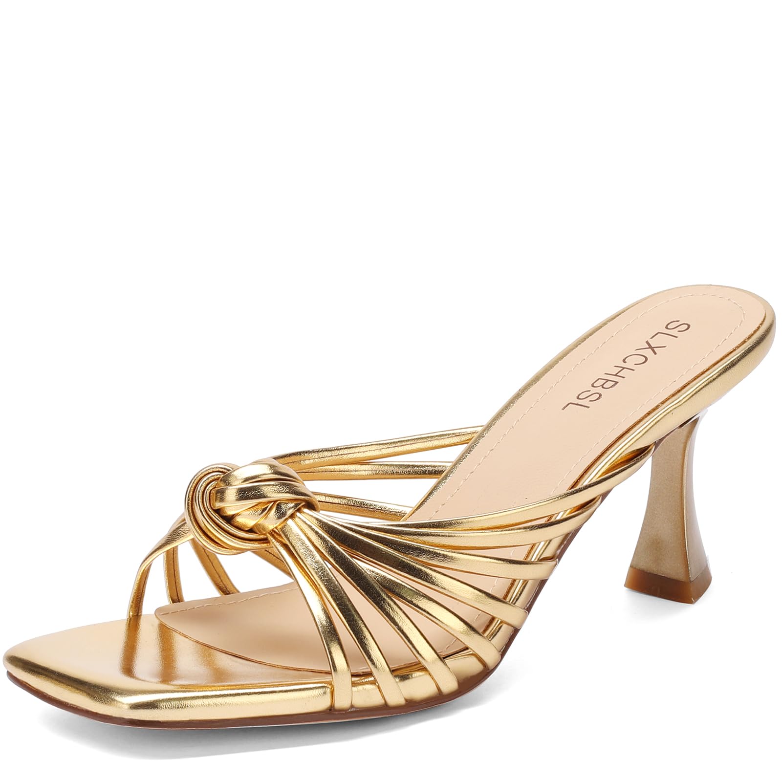 Slip On Kitten Heels for Woman, Square Toe Knotted Heeled Sandals