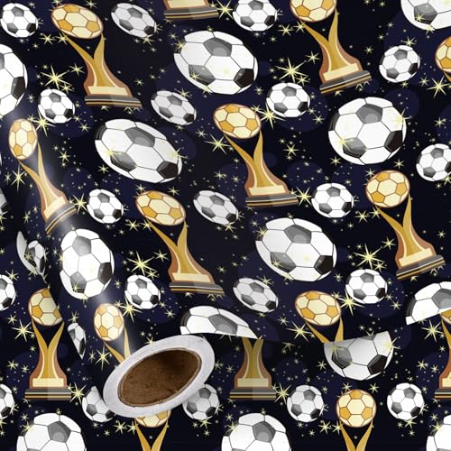 RUSPEPA Soccer Wrapping Paper Roll Mini Roll Football Trophy & Gold Star Design Black Gift Wrap Paper for Boys Kids Teens Sports Fans Team Celebration Football Party 17 Inches x 16.4 Feet