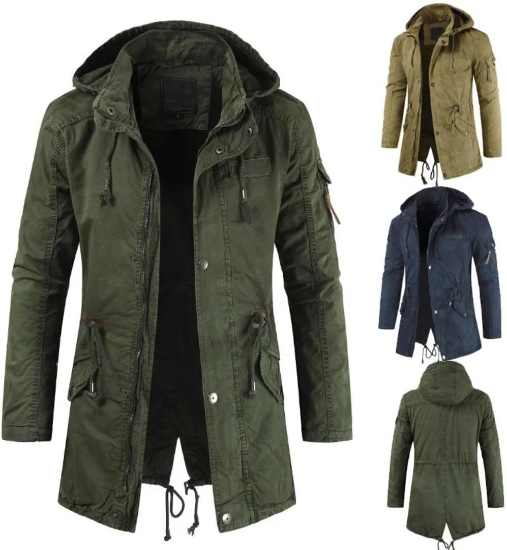 Men's Windproof Military Style Parka, Mid-Length Washed Cotton Hooded Jacket with Waist Drawstring and Multi-Pockets
