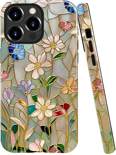 Funda compatible con iPhone 15 Pro Max, funda híbrida brillante de 2 capas para teléfono para niñas y niños, diseño de flores de flores de vidrieras