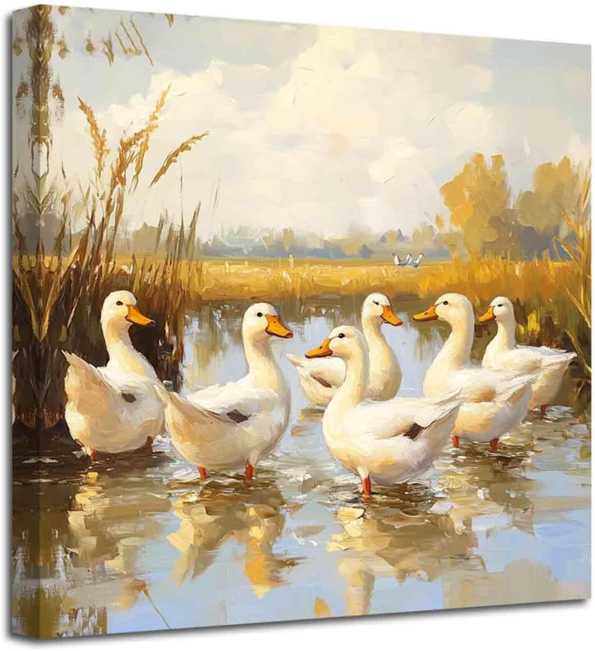 YMXDYMJSW Vintage Duck Wall Art Ducks in Pond Canvas Prints Farmhouse White Duck Lake Paintings Rustic Animal Poster Living Room Bedroom Bathroom Decor (White, (20L x 30W))