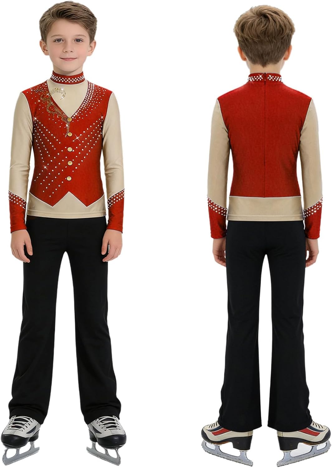 Boys Sparkly Figure Skating Suit Long Sleeve Color Block Shirt with Pants Shiny Jazz Latin Ballroom Dance Outfits